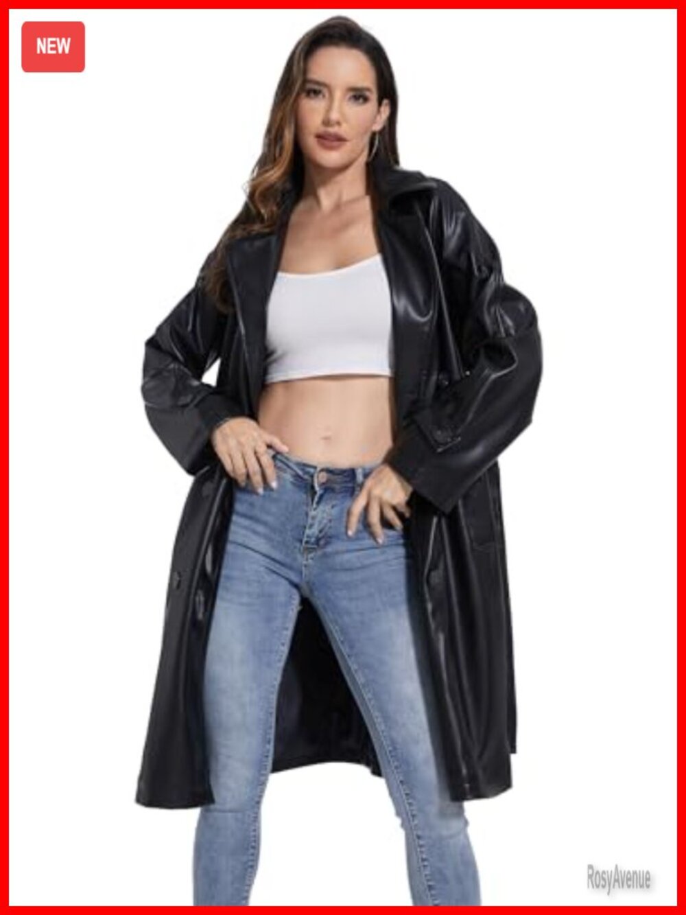 Faux Leather Trench Coat Belted Double Breasted Long Sleeve Moto Jacket